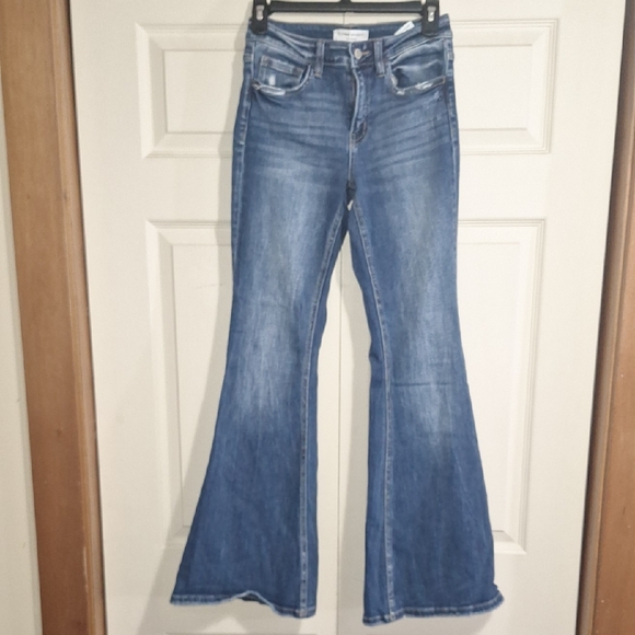 Flying Monkey 5 Pocket Blue Denim Slightly Distressed Mid Rise Flare Jeans-26 - Picture 1 of 8